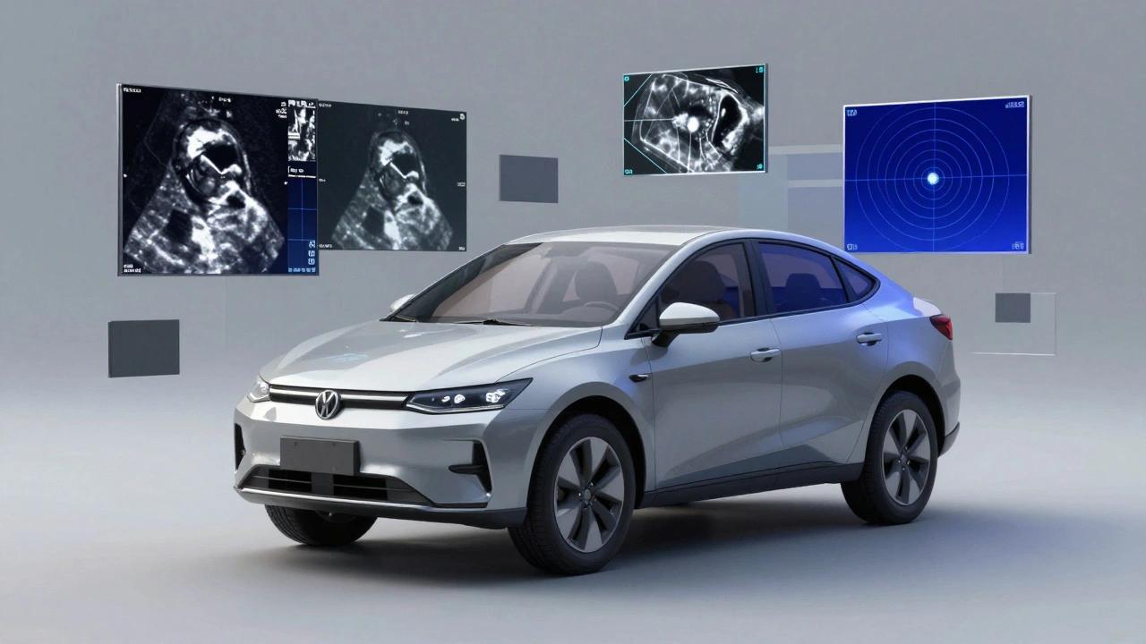 Faceted self-driving car composed of sensor data in geometric planes and metallic tones.