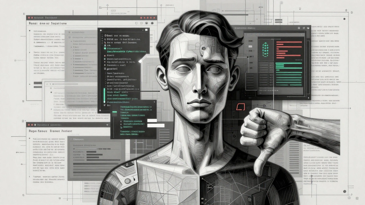 Split-face design: AI avatar with citations on one side, human with feedback icon on the other.