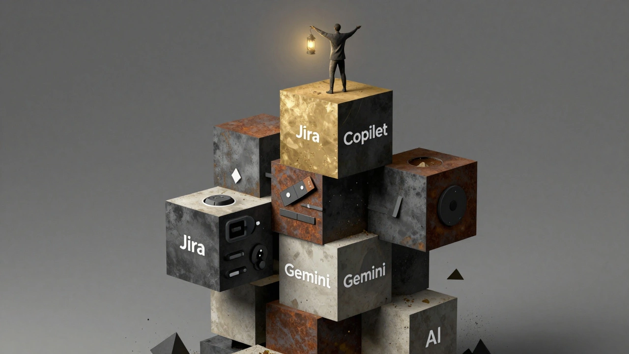Stacked AI systems in Cubist cubes, some intact, some crumbling, with a human figure holding a lantern.