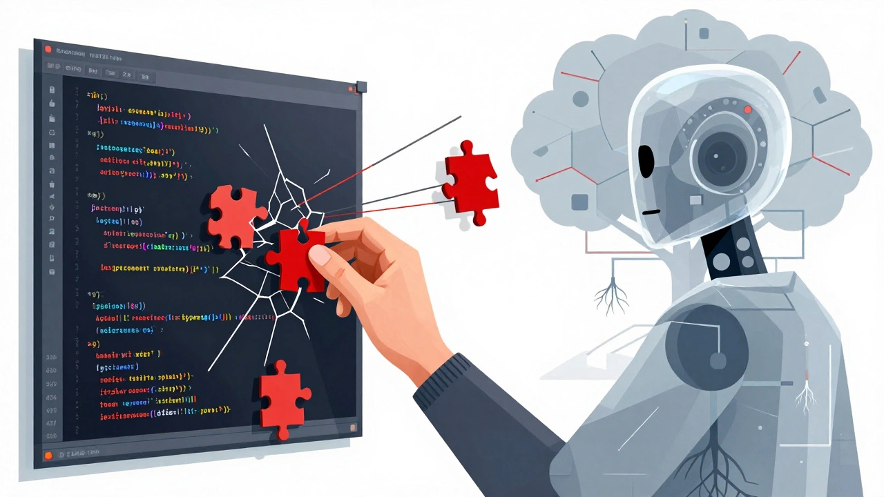 A hand repairing fragmented code with an AI agent offering reconstructed pieces in a dependency tree.