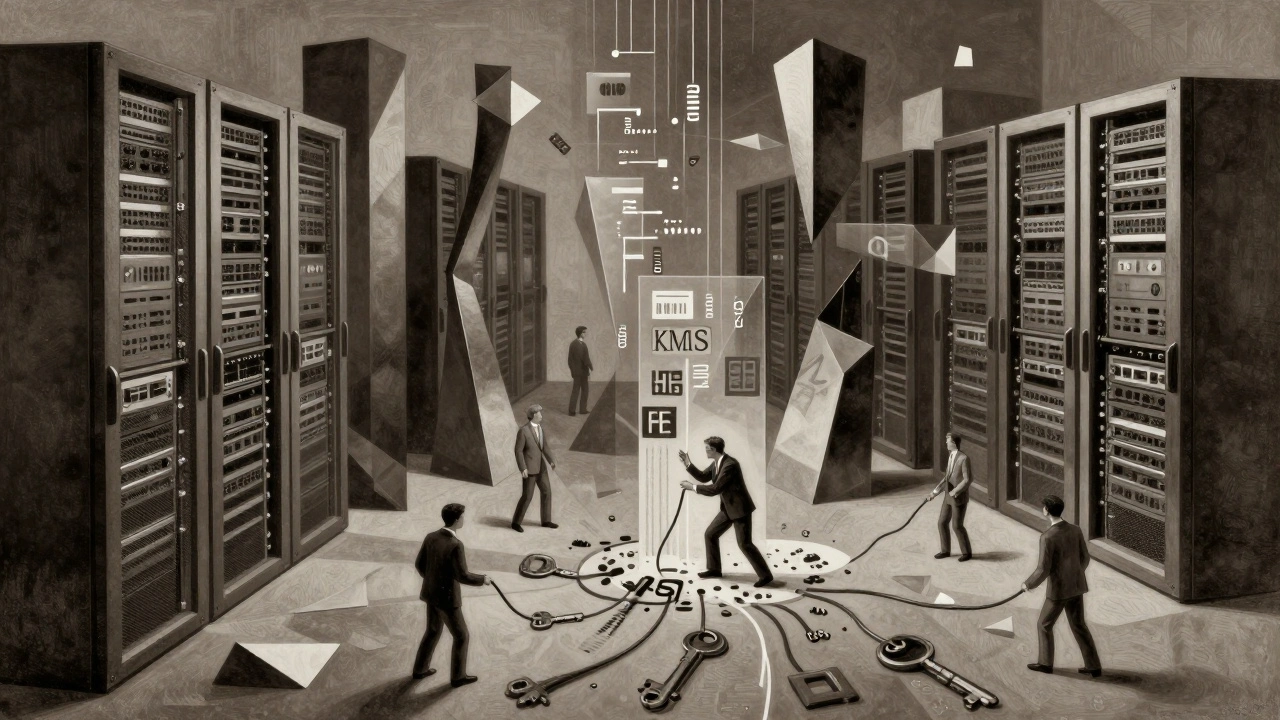 Abstract server room with towering vector pillars and tiny figures repairing data leaks using security keys.