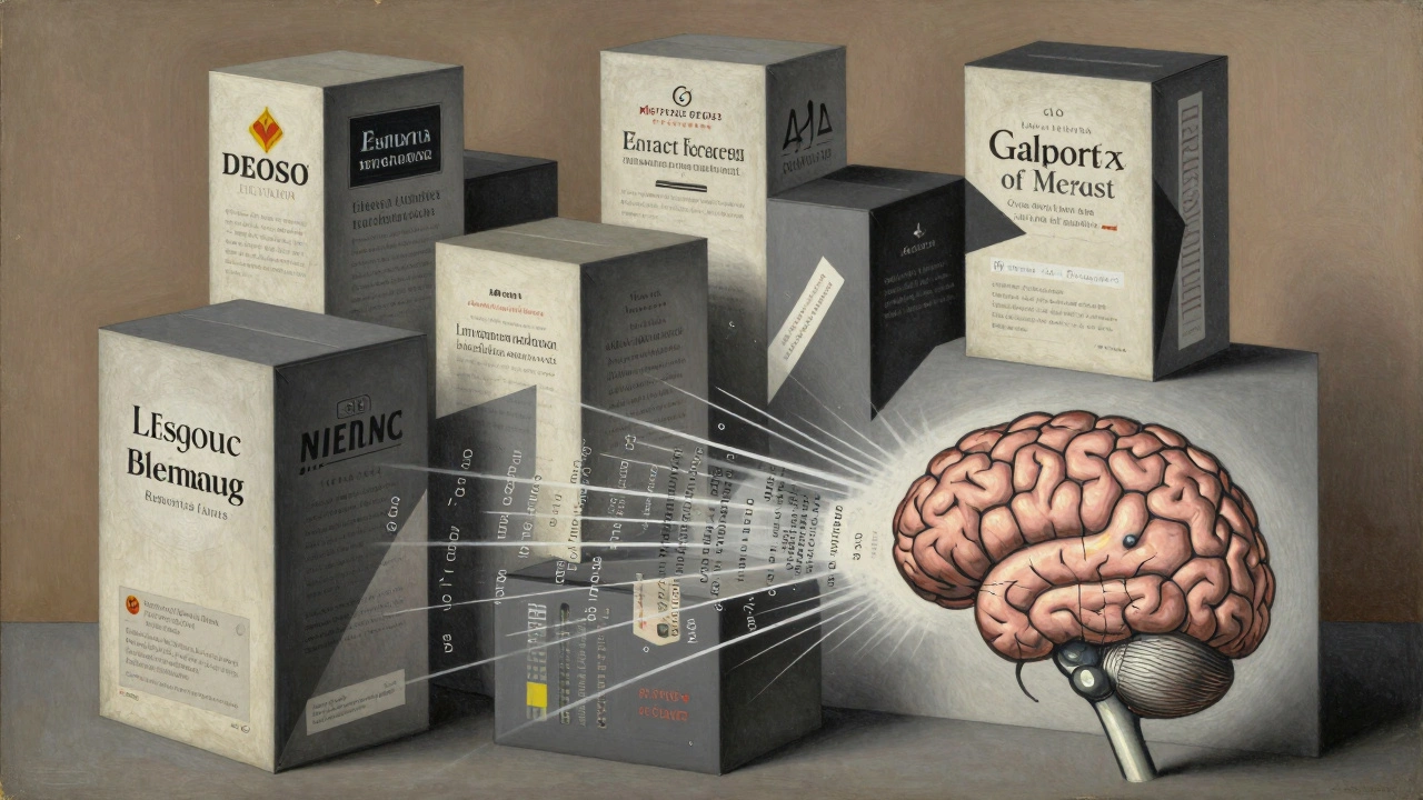 Abstract stack of product boxes made of angular text fragments, with AI code radiating into typography.