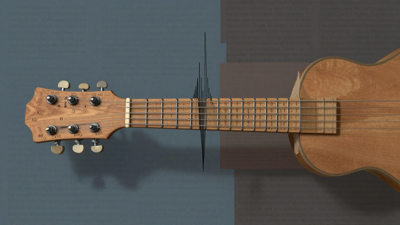 Cubist guitar neck made of binary strings, each representing a calibration method, one broken and dangling.