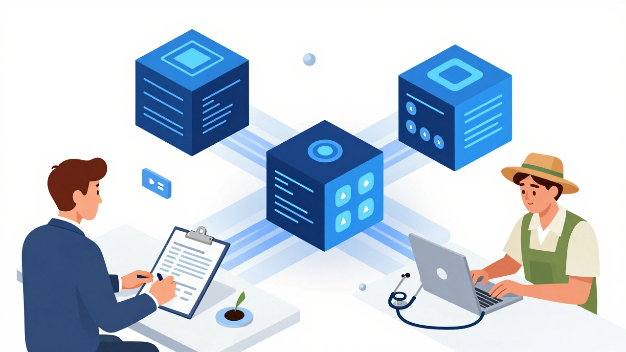 Diverse non-tech users interact with a shared AI development environment in abstract cubes.