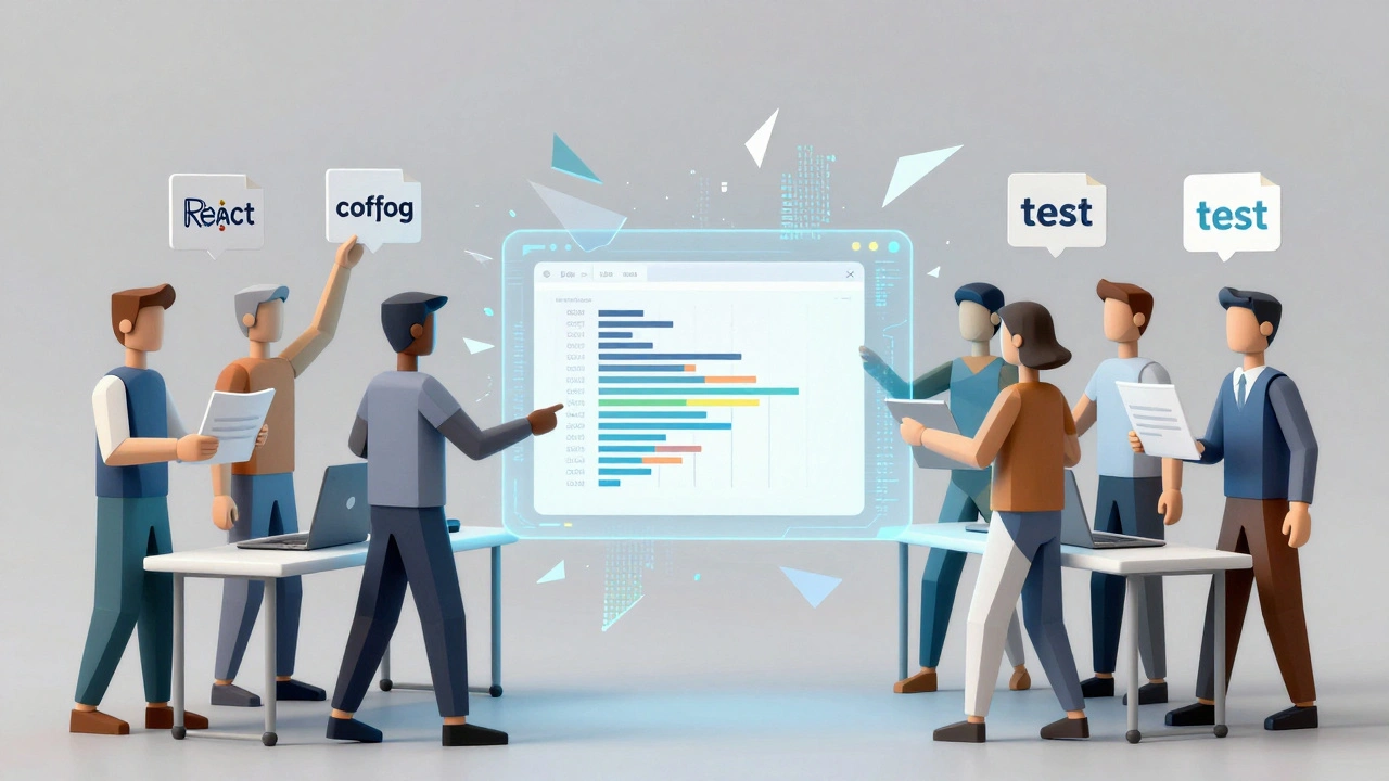 Eight angular figures working in parallel on code files, merging changes through a central interface.