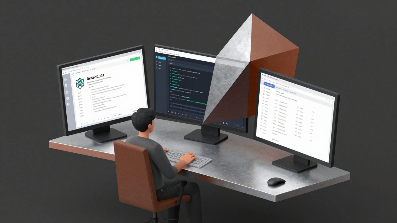 Fragmented developer workspace with floating code components in angular planes of gray and blue.