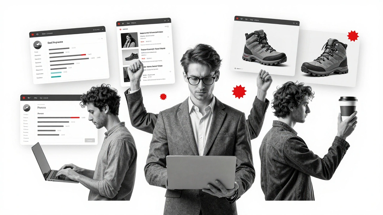 Multi-armed marketer surrounded by floating panels of email data, social posts, and AI-generated visuals.