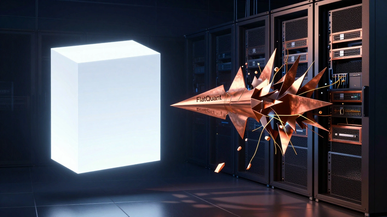 Split server room scene: one side uniform quantized blocks, the other chaotic outlier spikes connected by golden threads.