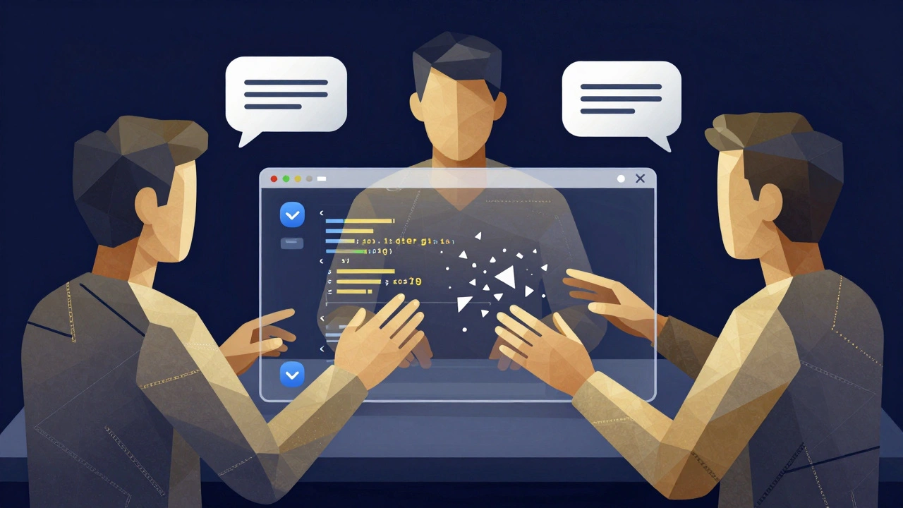 Three abstract figures collaborating in shared digital space, their actions rendered as intersecting code streams.