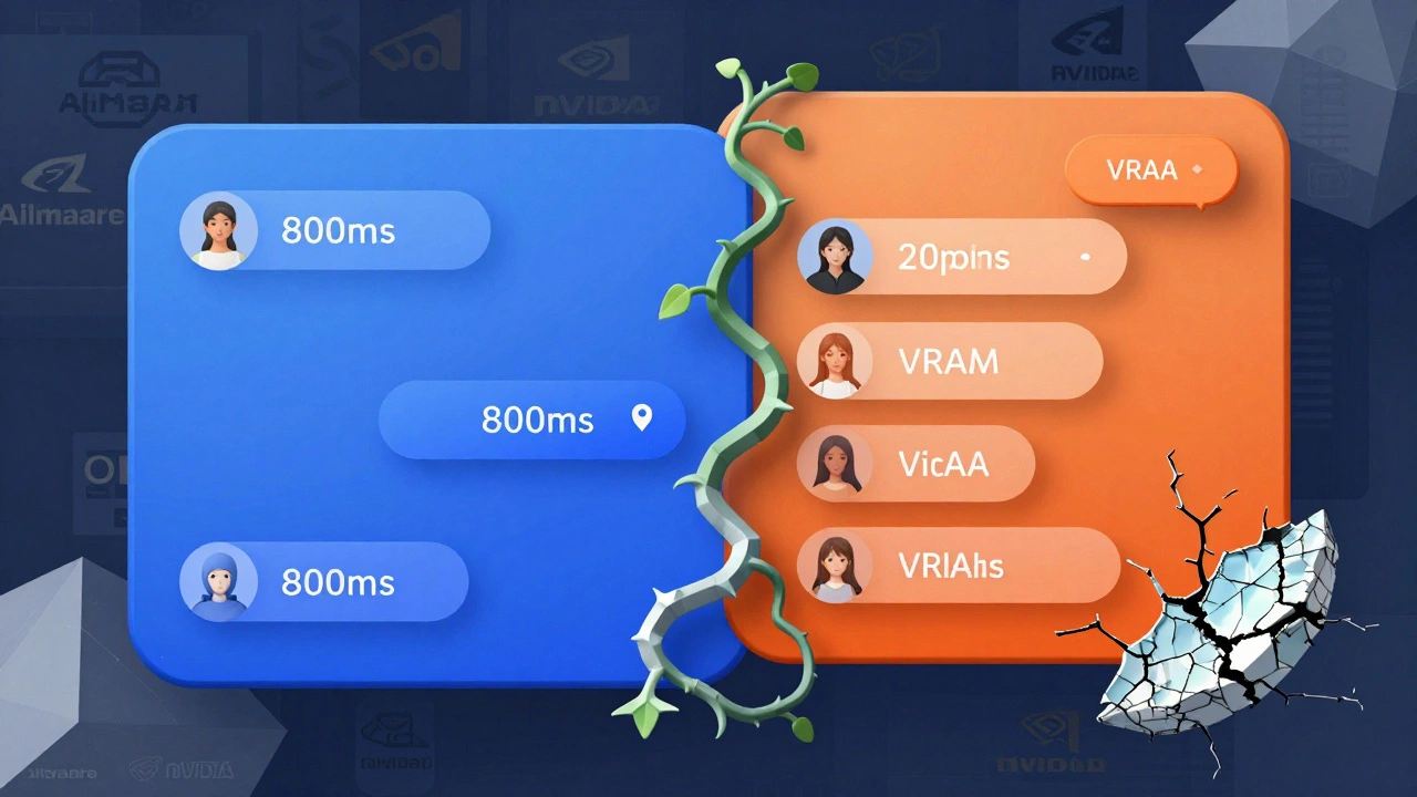AI interface split between fast and slow responses, with memory leaks as creeping vines in cubist style.