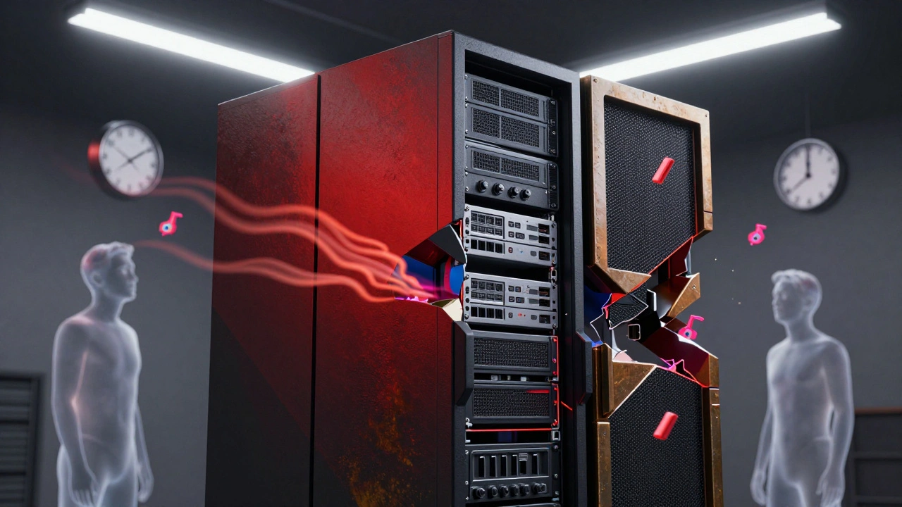 Server rack breaking into angular planes of heat and time, conveying silent performance degradation.