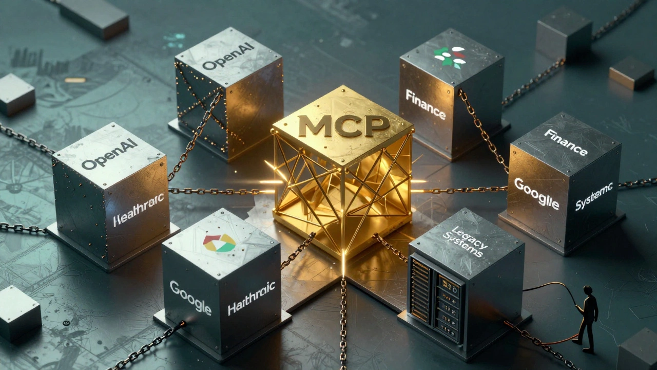 Corporations as intersecting cubes linked by a golden MCP lattice, with legacy systems partially disconnected.