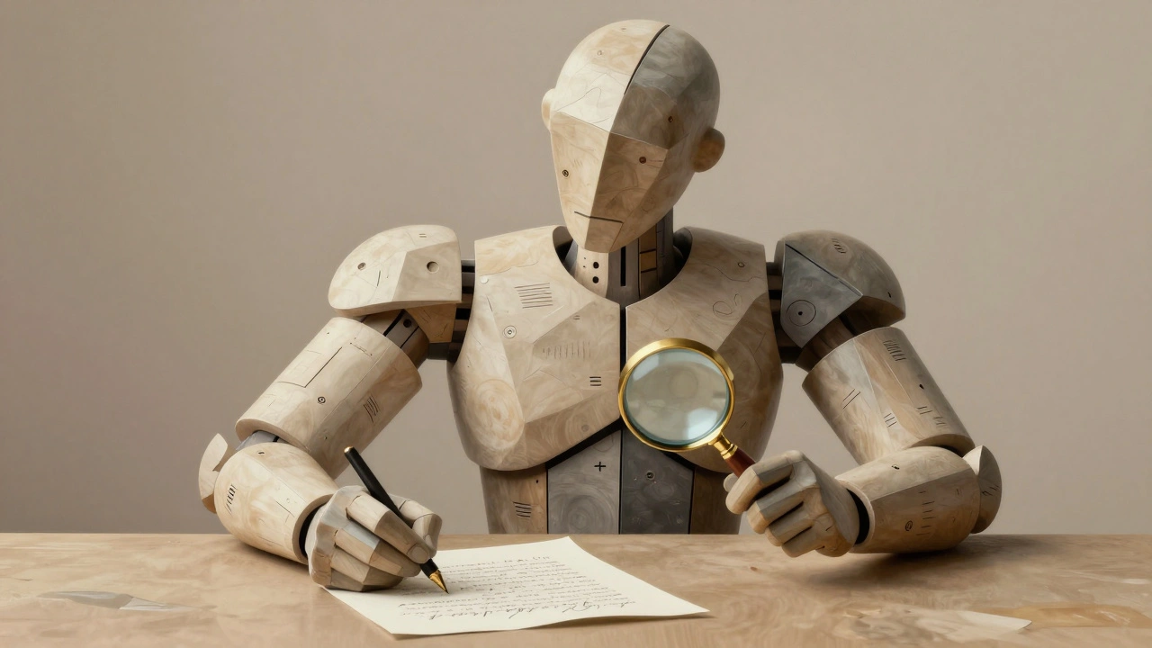 Cubist hybrid AI figure blending decoder and encoder forms, writing while analyzing a document.