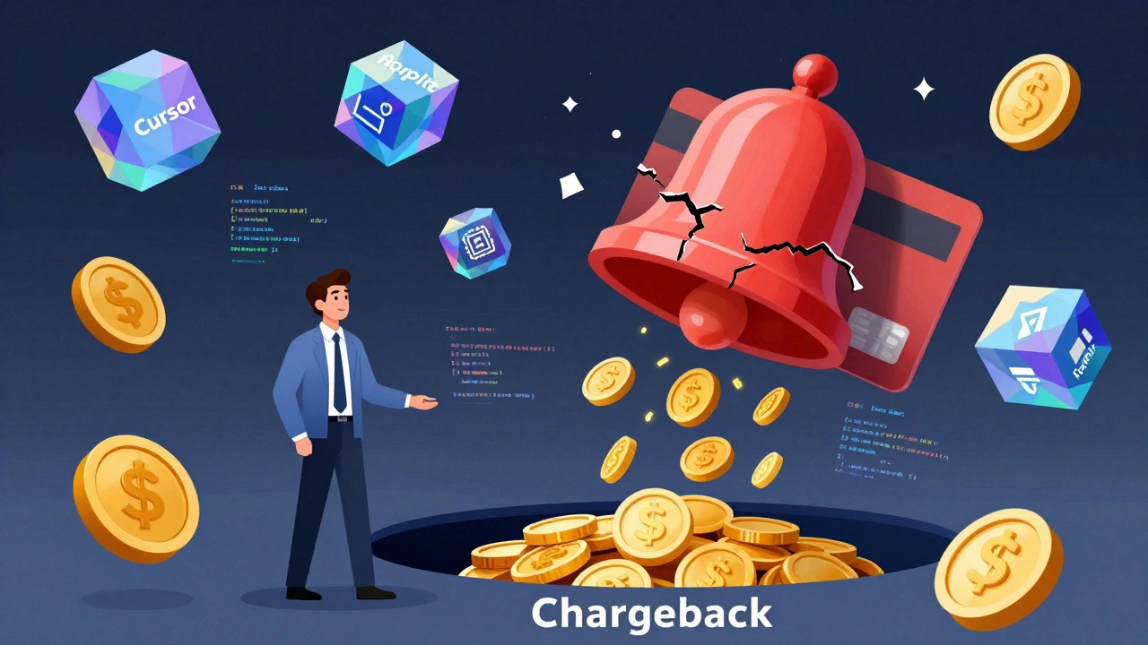 Finance manager surrounded by rotating tokens and a cracked credit card alarm bell leaking coins.