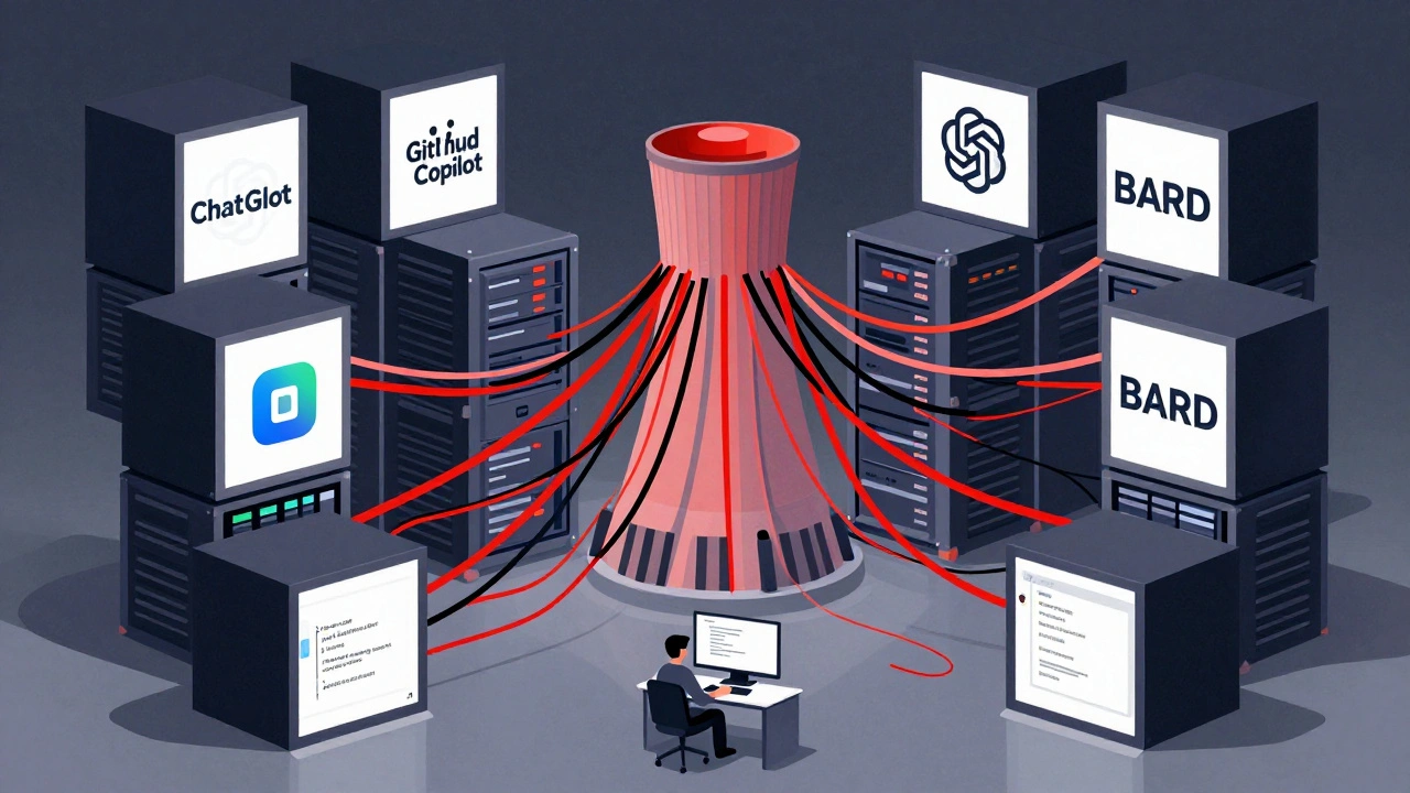 Fragmented data center tower with AI tools and coal power in the background.