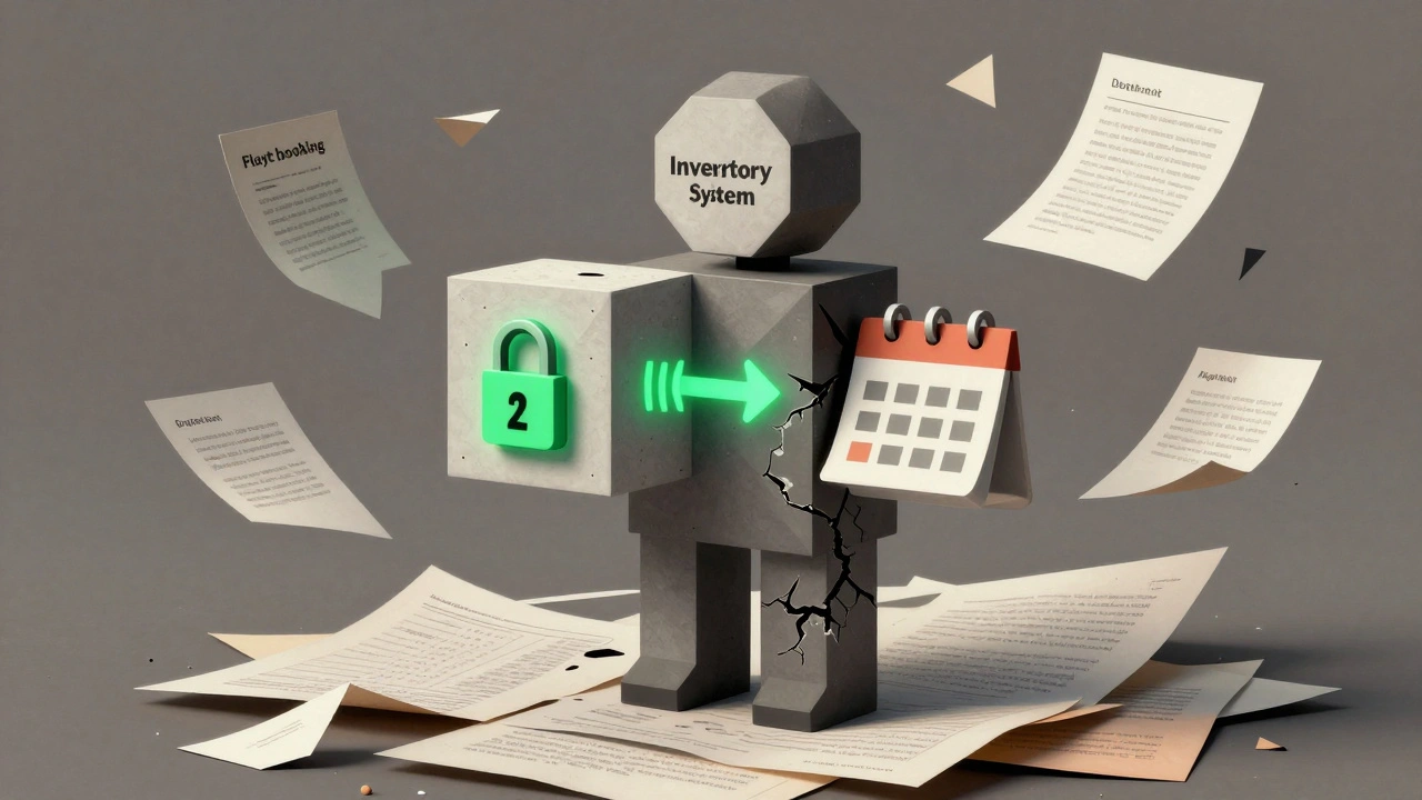 Geometric AI assistant made of tool facets, glowing with security icons, standing on discarded legacy code.