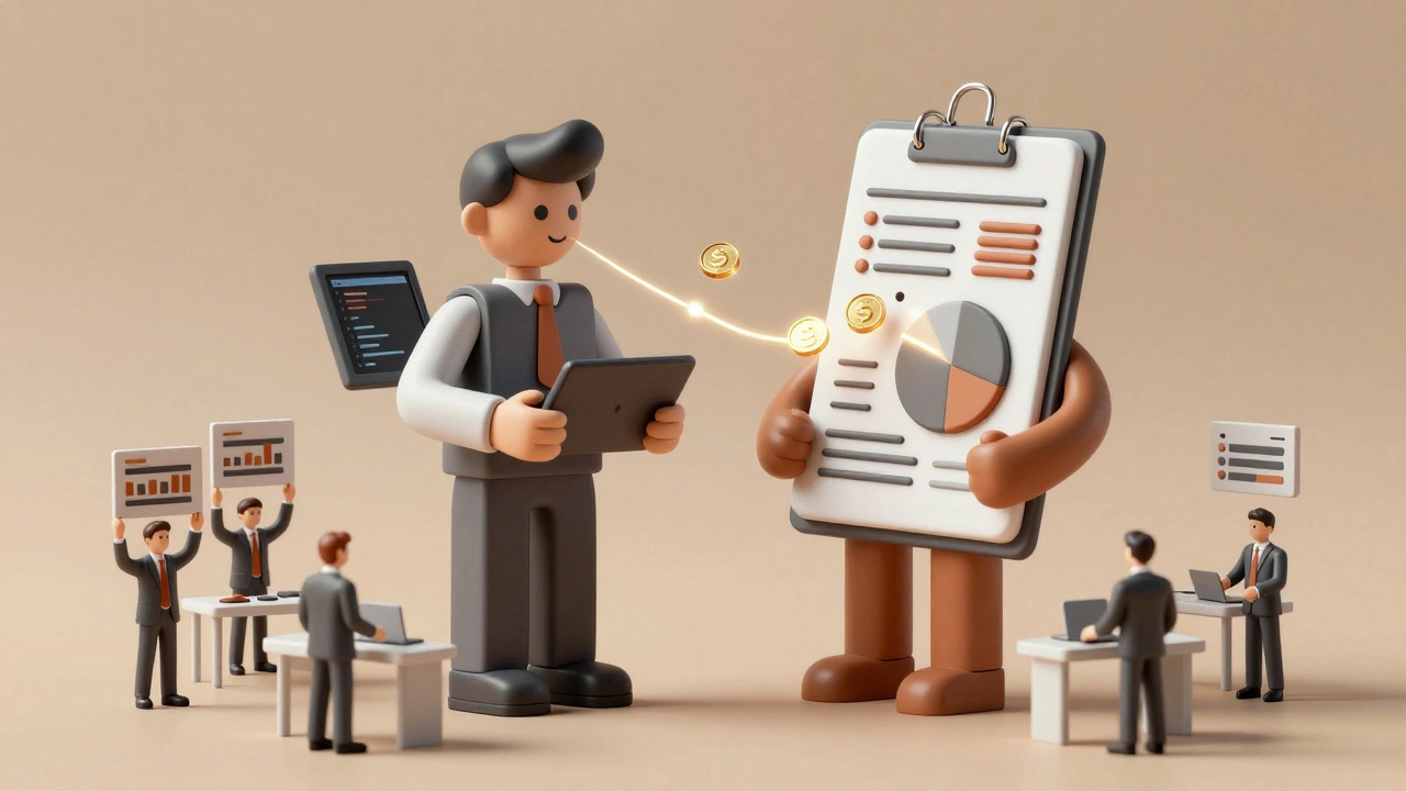 Hybrid human-AI figure made of geometric shapes connected by glowing tokens amid budget warnings.