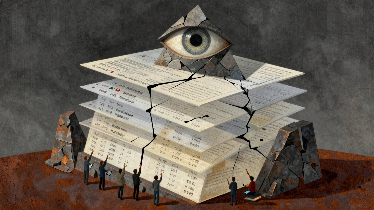 Monument of stacked decision logs in Cubist fragments, watched by a triangular eye.