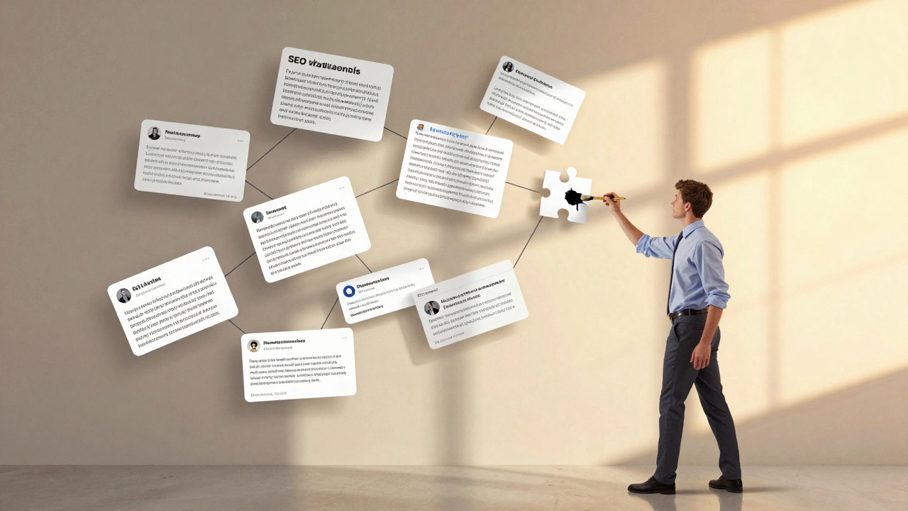 Multi-faceted marketer connecting AI-generated text fragments into a coherent narrative.