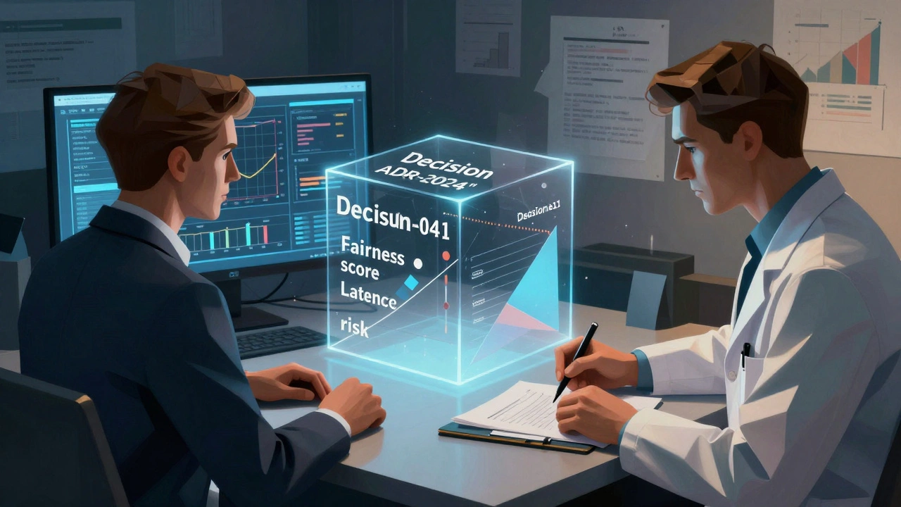 Split scene of engineers documenting AI decisions in geometric, fragmented Cubist style.