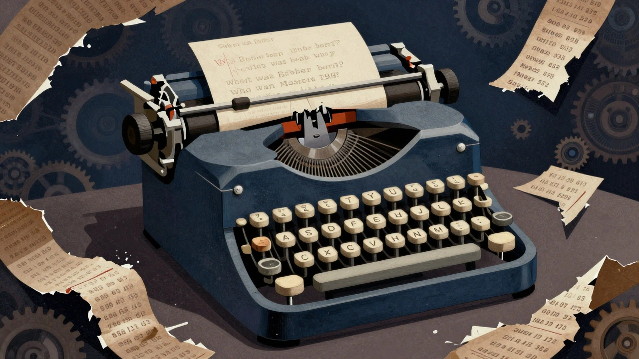 A disassembled typewriter with sub-questions on its keys, rendered in Cubist geometry.