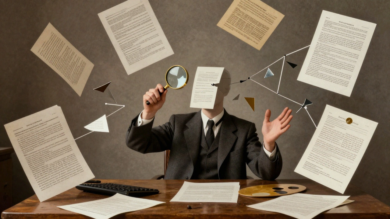 A figure surrounded by floating legal and medical data fragments in Cubist composition.