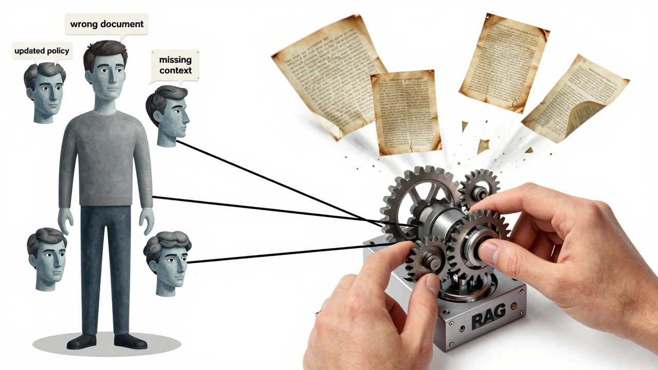 A multi-faced human figure connecting feedback fragments to a mechanical RAG system through sharp intersecting lines.