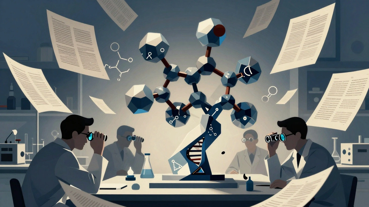 Fractured enzyme molecule rising from lab bench, surrounded by angular journal pages in muted tones.