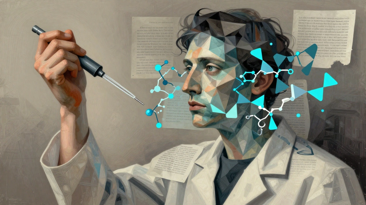 Fragmented scientist and AI interface merging with geometric protein sequences and paper fragments.