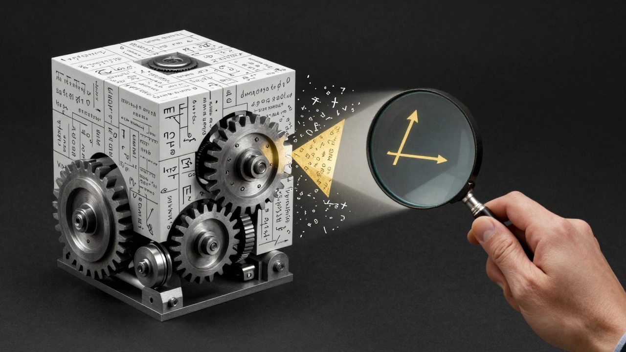 Hybrid machine half-proof, half-chaos, with human hand inspecting a single correct step.