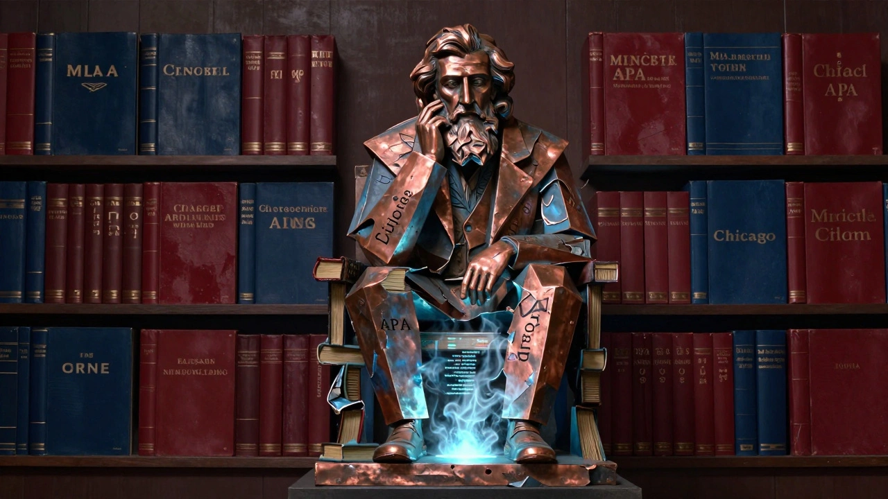 Scholar statue made of citation styles, crumbling AI text dissolving at its base amid solid journals.