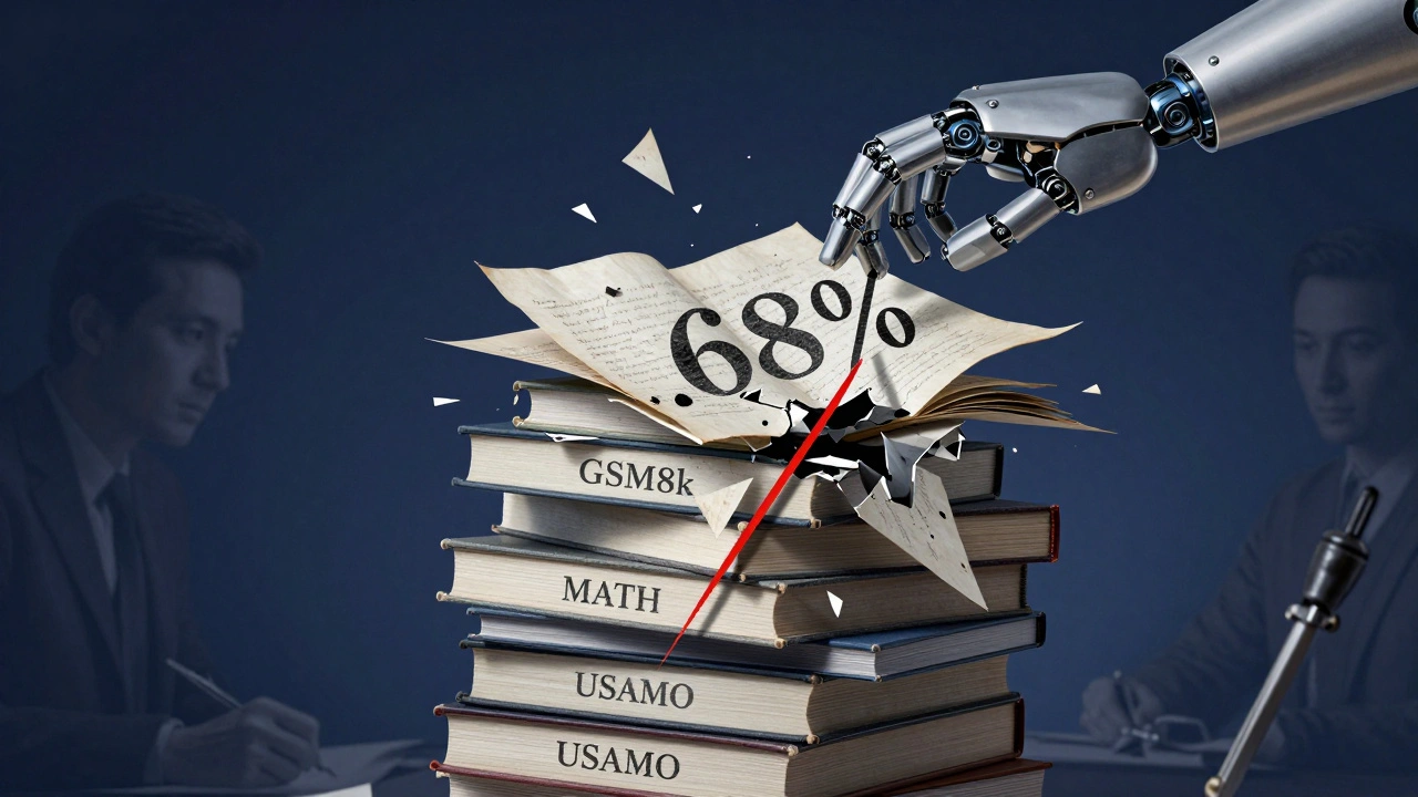 Stack of math textbooks dissolving into geometric shards, robotic hand grasping a shattered percentage.