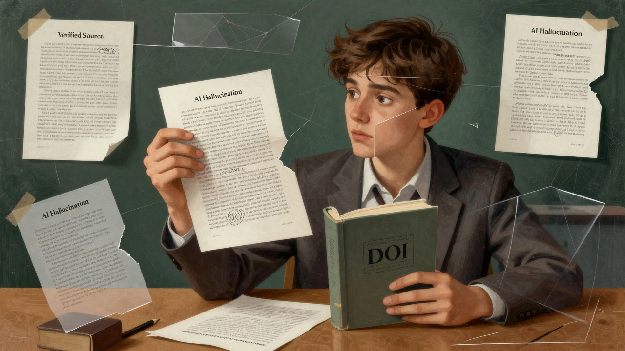 Student torn between AI citation fragments and a real academic book, all rendered in angular Cubist forms.