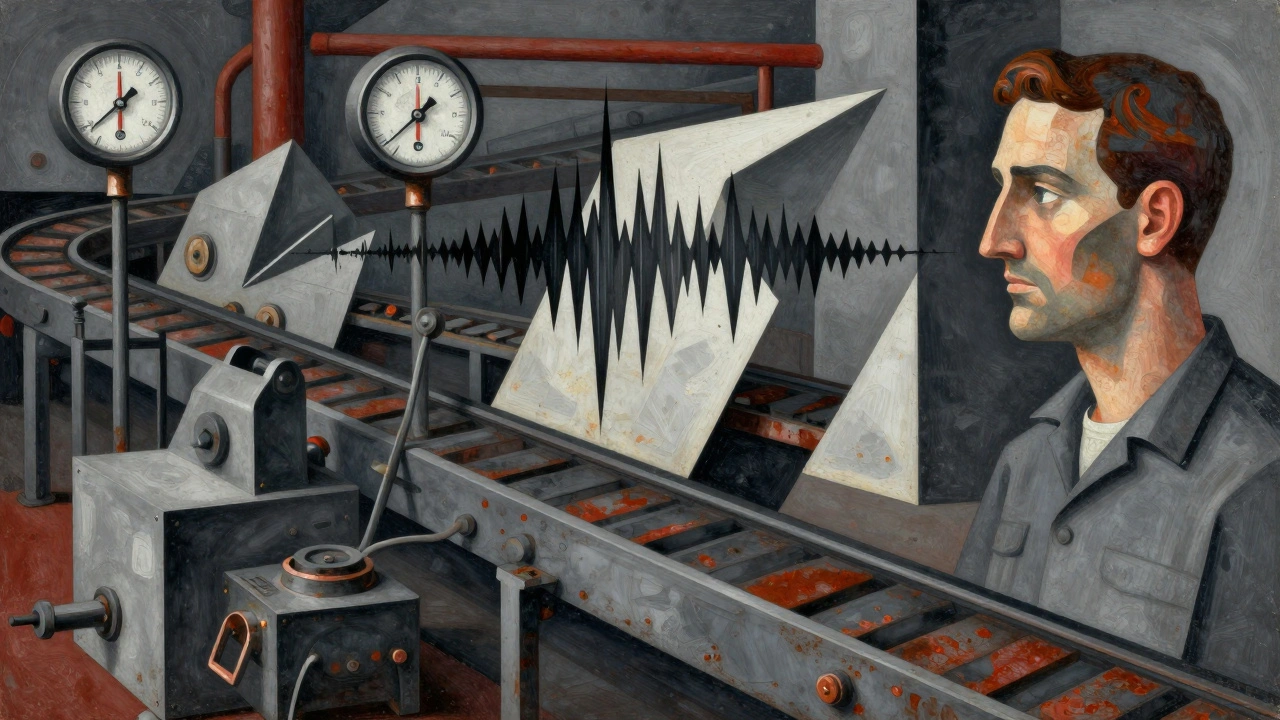 A factory scene with machines, sensors, and sound visualized as angular, overlapping planes in Cubism.