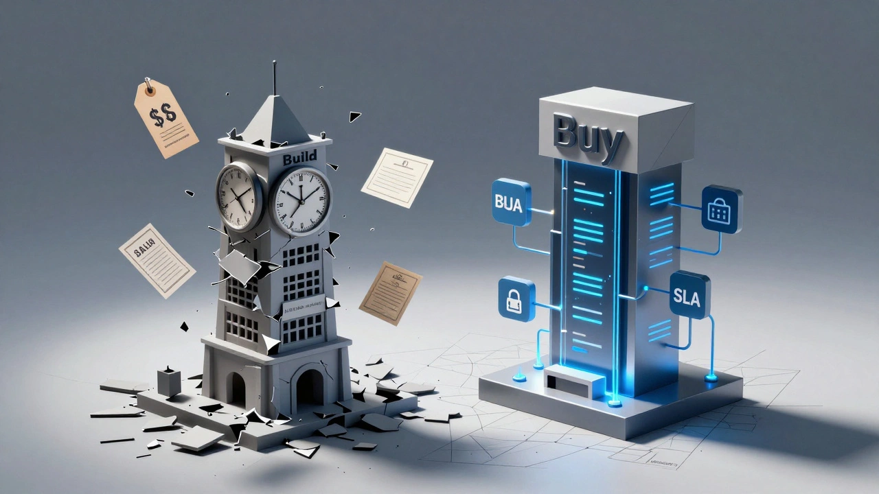 Abstract Cubist depiction of hidden costs in AI deployment with crumbling and stable structures