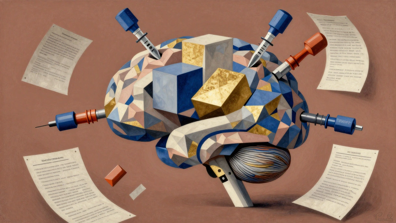 AI brain sculpture with modular adapters and collapsing cube, surrounded by deconstructed documents