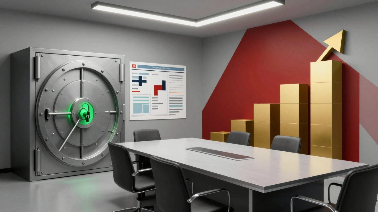 Corporate boardroom transformed into abstract planes of security and profit.