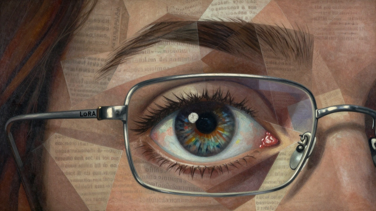 Human eye made of angular facets, each focused on different domain terms, with LoRA spectacles