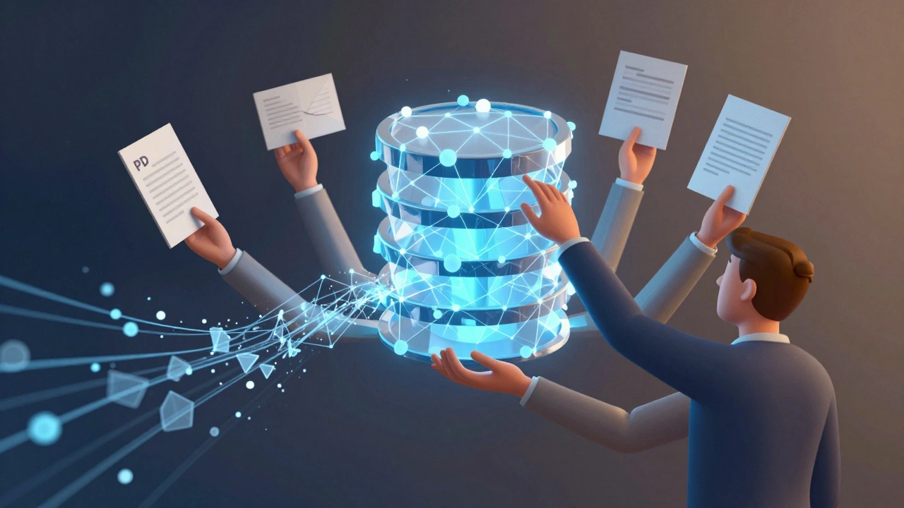 Multi-armed librarian retrieving data from a crystalline vector database.