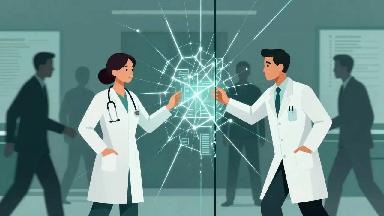 Clinician and AI separated by fractured barrier, with encrypted patient data inside a geometric lattice.