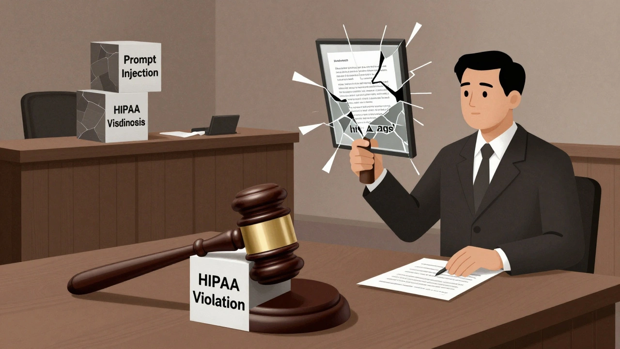 Courtroom scene with cubes representing prompt injection and misdiagnosis risks.