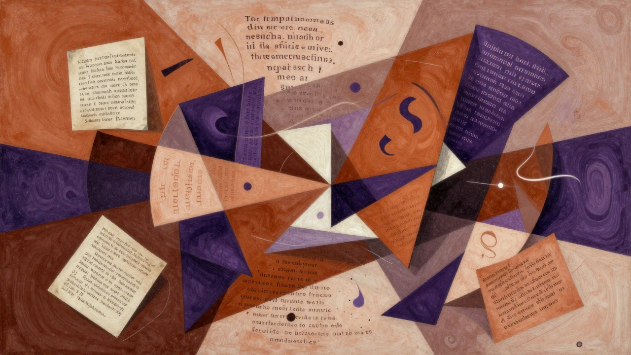 Cubist chaotic mind with poetic word fragments in warm tones, representing stochastic creativity.