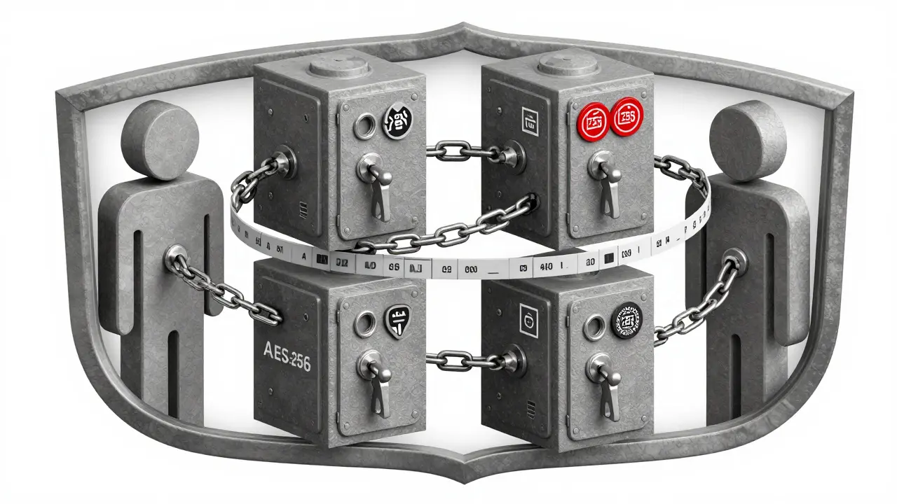 Four geometric roles in a locked, chain-connected workflow with audit trails in cubist style.
