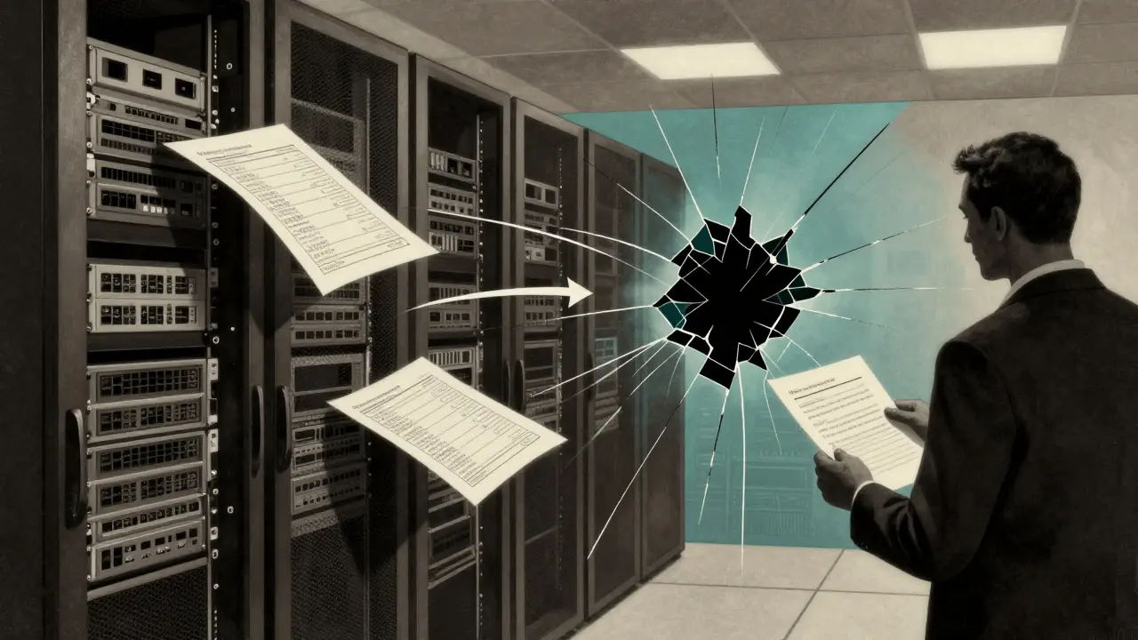 Fragmented data streams leaking sensitive information in a server room, partially blocked by a shattered filter wall in Cubist style.