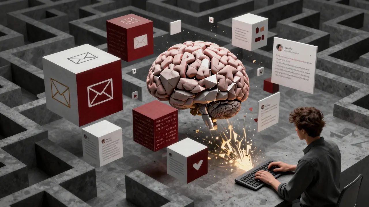 Geometric cubes of hidden attack vectors flowing from a user's typing toward a cracked AI core, rendered in industrial tones.