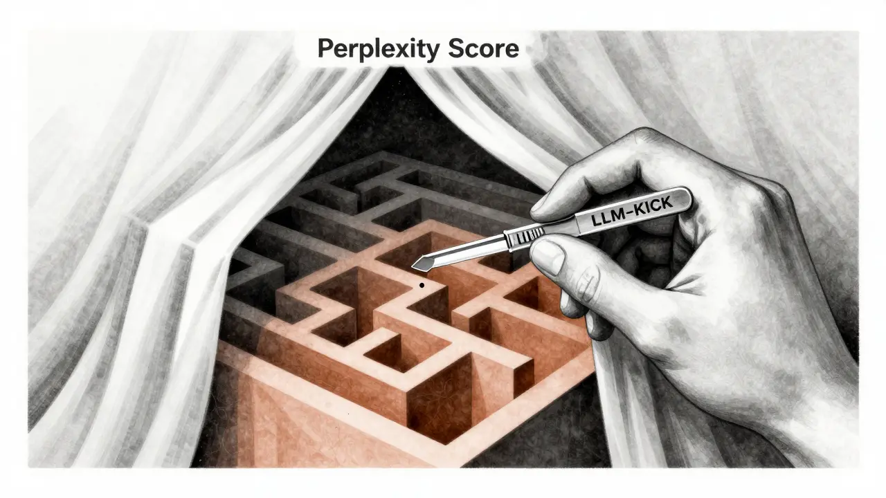 Hand using a scalpel to cut through a deceptive veil labeled 'Perplexity Score'.