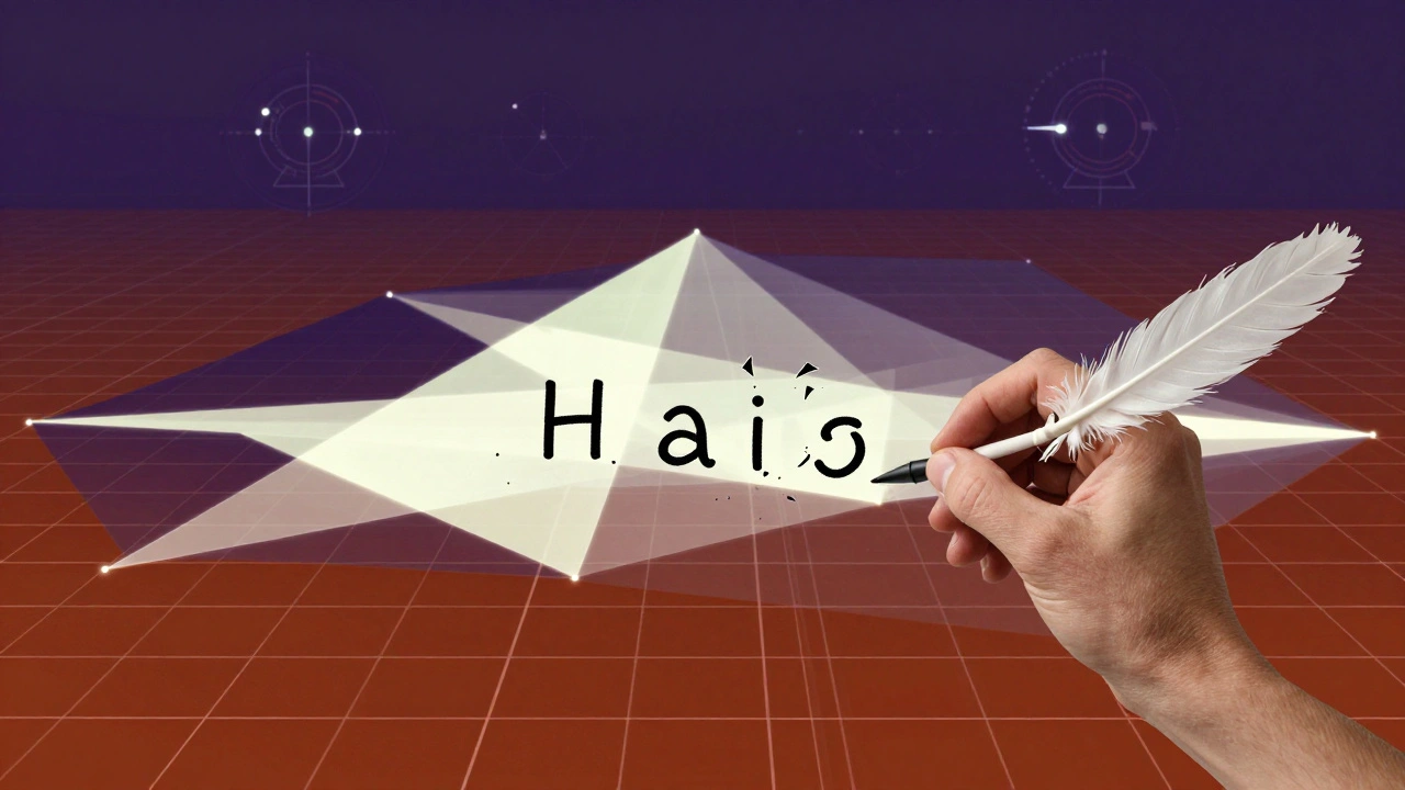 Hand writing a haiku with shattered letters, surrounded by probability grids and temperature dials.