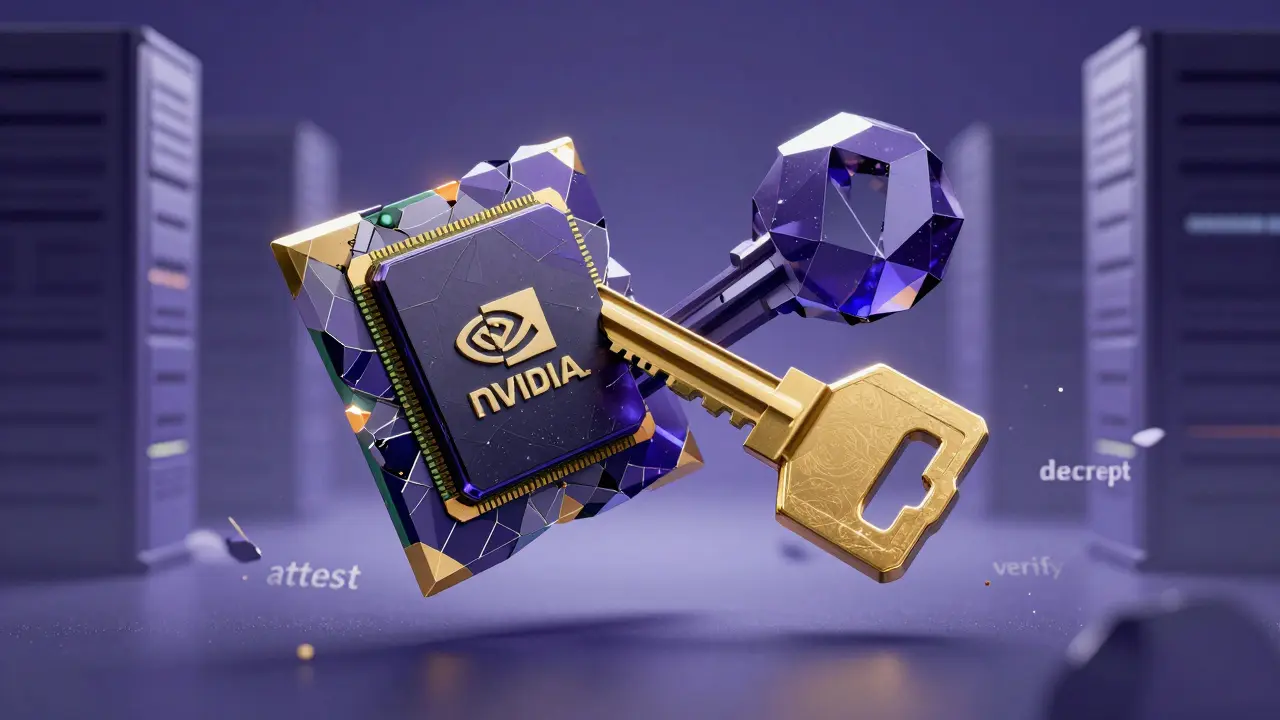 Interlocking crystalline GPU and key in Cubist style, representing mutual attestation for secure model loading.