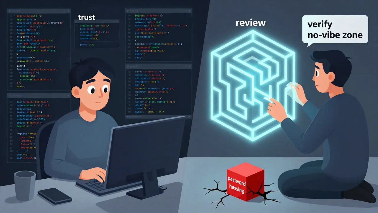 Junior and senior developer contrasted in Cubist style, one trusting code, the other dismantling it into labeled cubes.