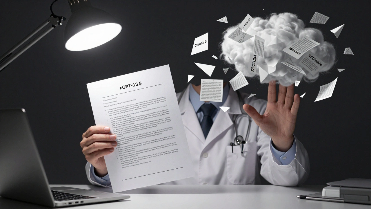 Medical professional dissolving into geometric prompts and guidelines under harsh light.